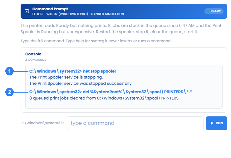 Simulator command console: net stop spooler reports the Print Spooler stopped, then del /q /f clears the spool PRINTERS folder without a confirmation prompt.