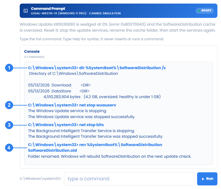 Simulator command console showing the Windows Update, BITS, and Cryptographic Services stopped, the SoftwareDistribution cache renamed, and the services started again.