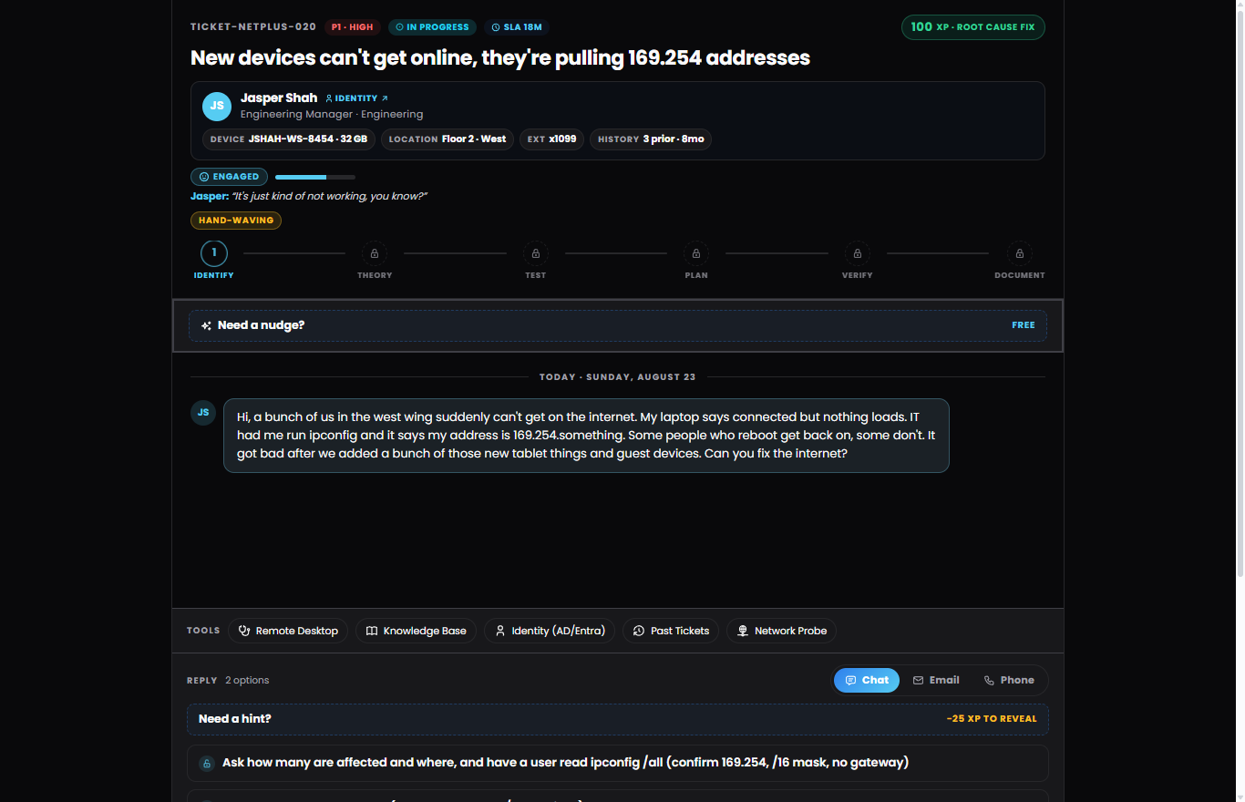 Network+ Sim ticket 020: new devices pulling 169.254 APIPA addresses because a DHCP scope ran out of leases.