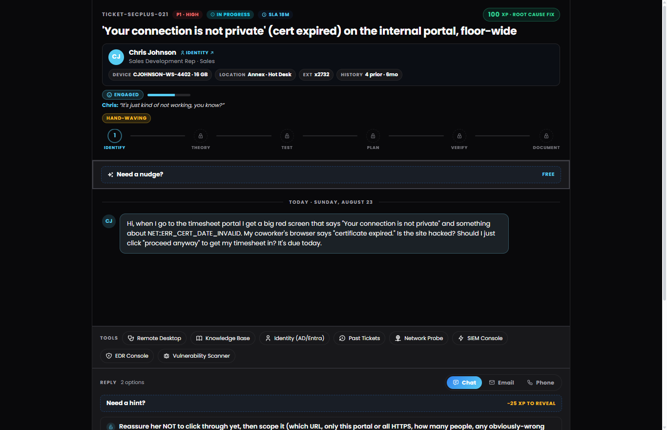 Security+ Sim ticket 021: an expired TLS certificate throwing a not-private warning across a floor, with SIEM, EDR, and vulnerability-scanner tools available.
