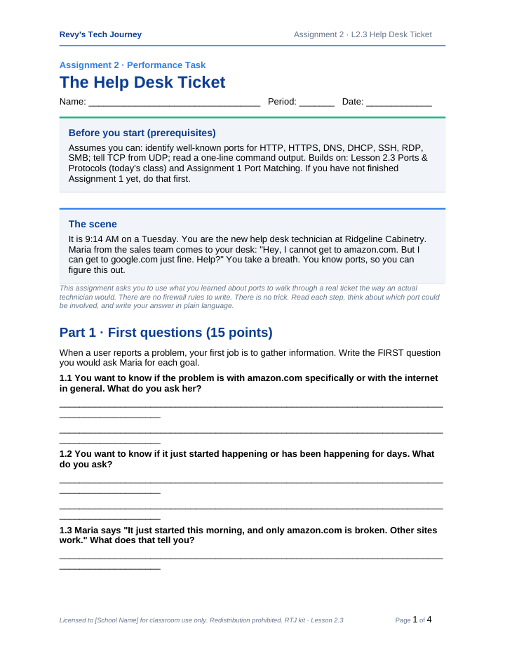 First page of the Help Desk Ticket assignment