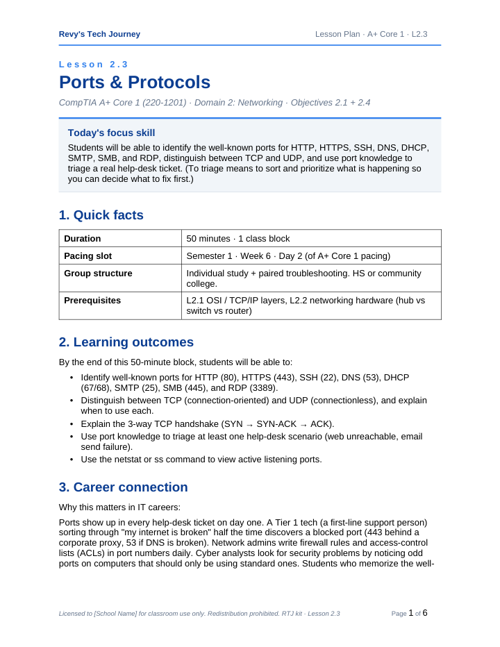 First page of the Ports and Protocols lesson plan
