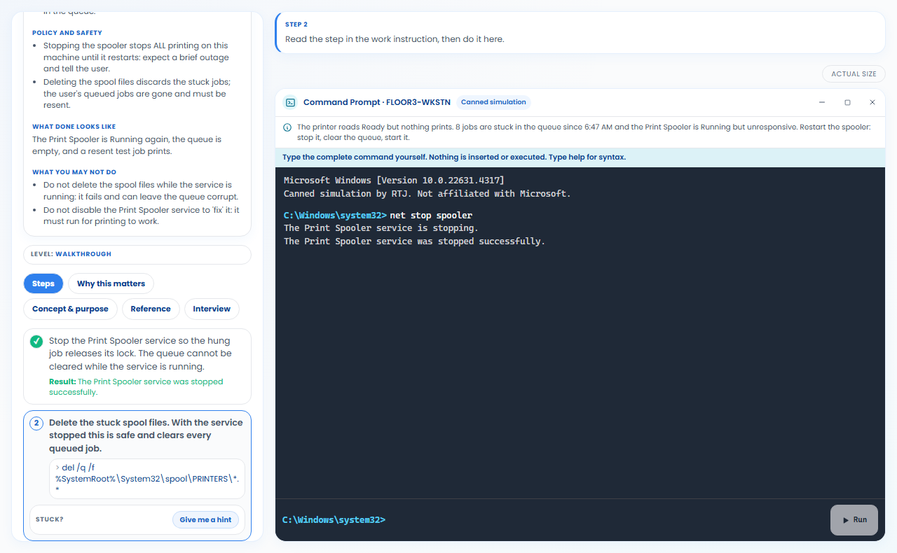 The Restart a stuck Print Spooler lab: a simulated Command Prompt where net stop spooler has run and reports that the Print Spooler service was stopped successfully, beside the lab's step list with step 1 checked off in green and step 2, delete the stuck spool files, next.